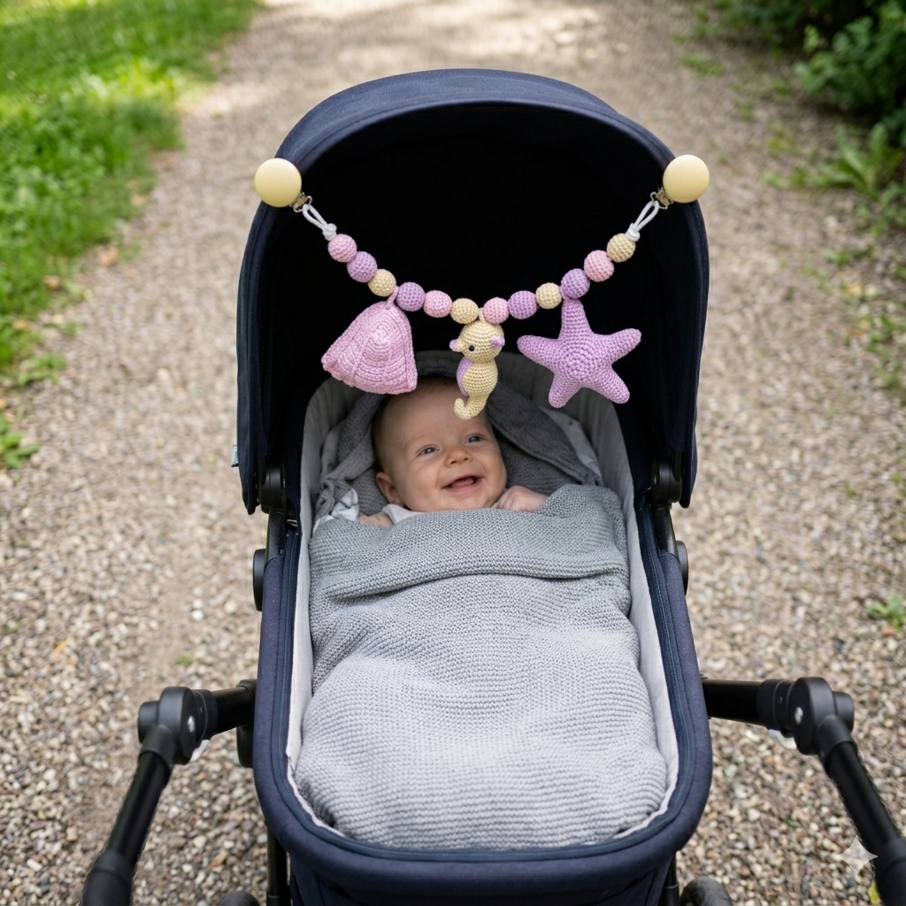 Hæklet barnevognsophæng med havdyr i pastelfarver hængende over en smilende baby i en barnevogn